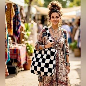 Black & White Checkered Hand Bag Tote Cozy Faux Fur Bag - Stylish & Chic